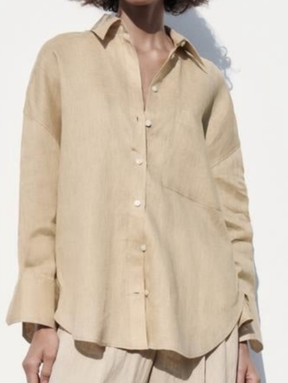 Zara Beige Button-Front Linen Shirt